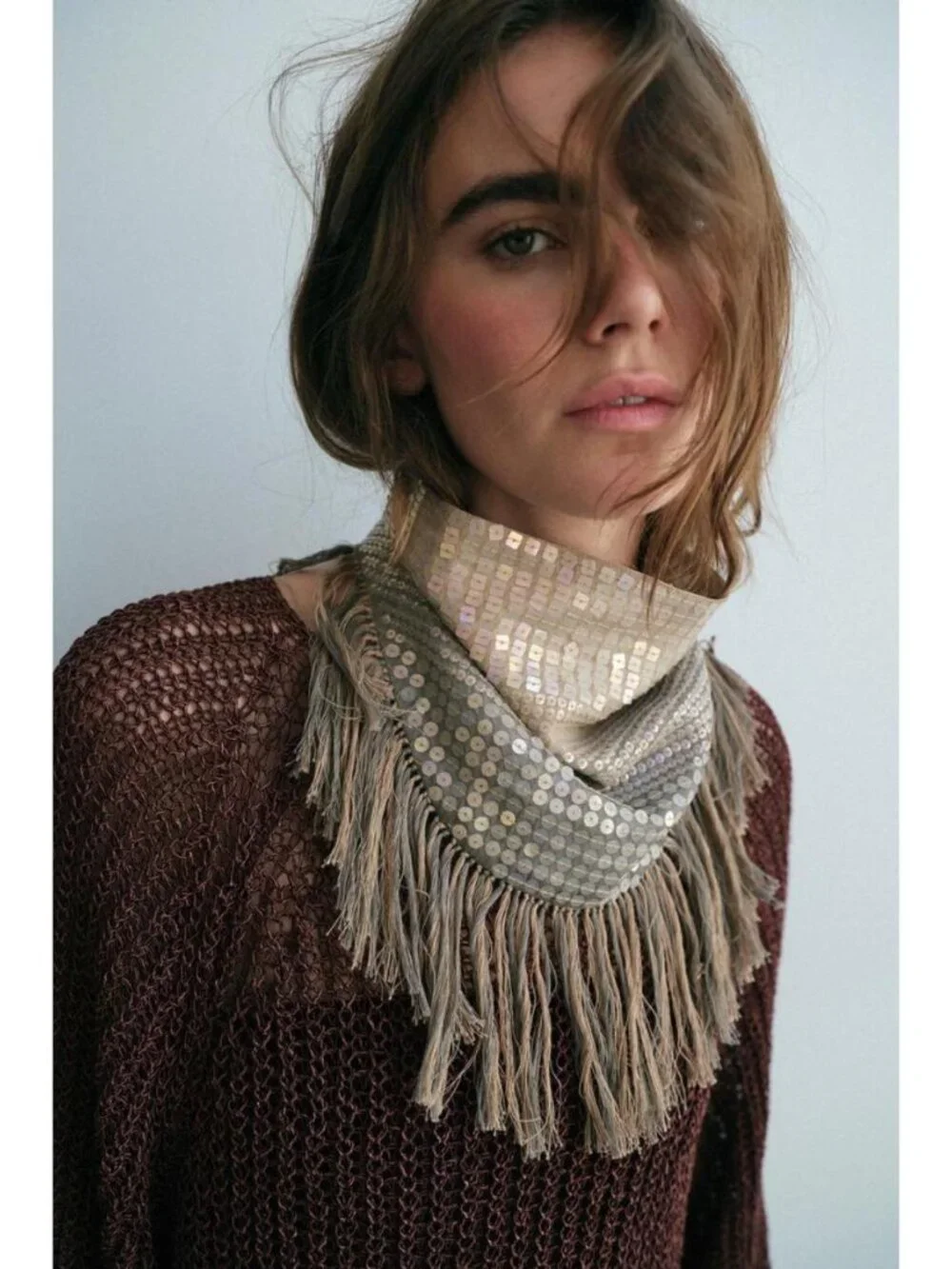 ZARA SEQUINED FRINGE SCARF